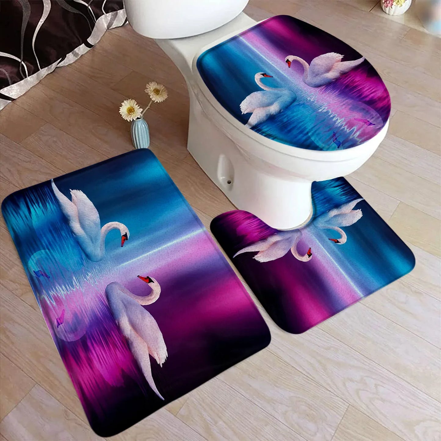 Floral branco cisne conjunto tapete de banho vermelho rosa flor animal reflexão água preto casa tapete decoração do banheiro tapetes capa toalete