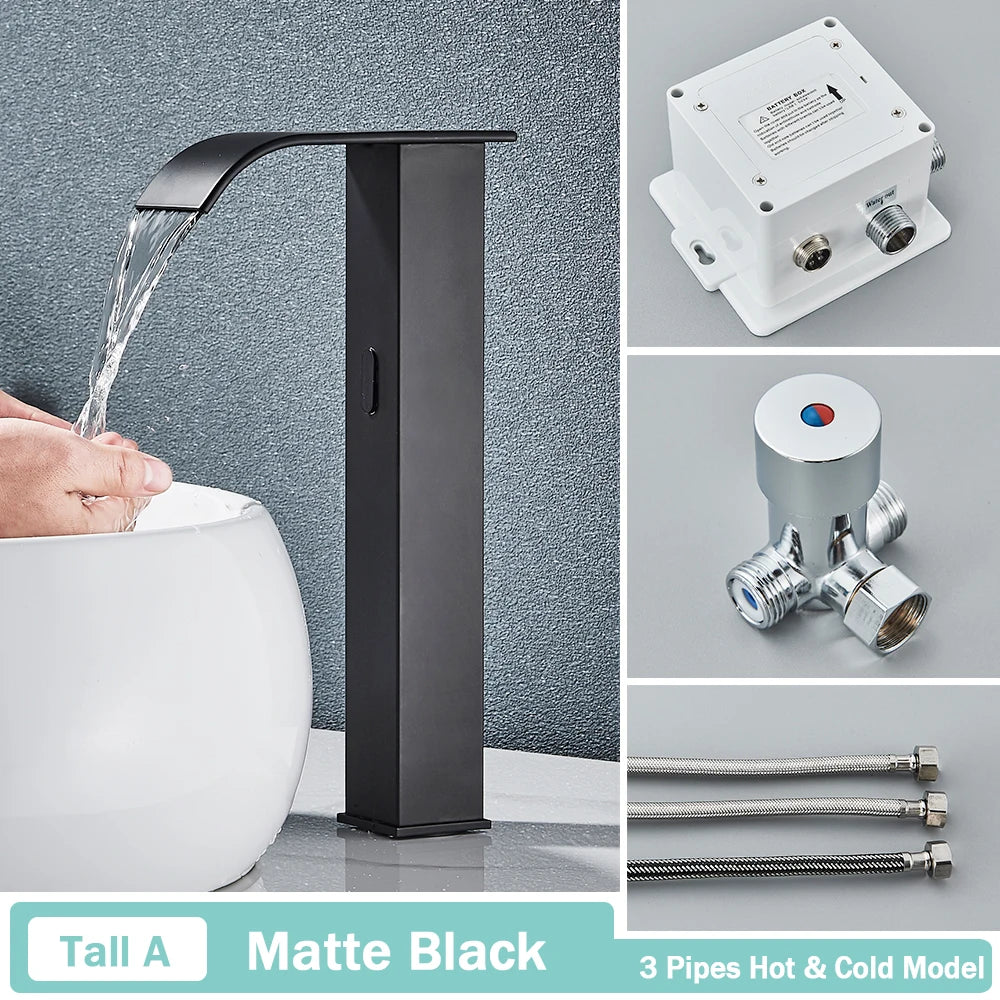 Rozin preto inteligente sensor torneira da bacia do banheiro touchless automático sentido misturador cachoeira água quente e fria lavatório guindaste