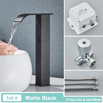 Rozin preto inteligente sensor torneira da bacia do banheiro touchless automático sentido misturador cachoeira água quente e fria lavatório guindaste