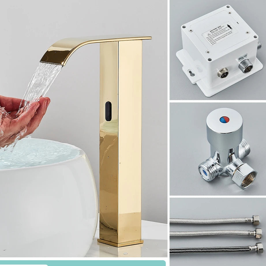 Rozin preto inteligente sensor torneira da bacia do banheiro touchless automático sentido misturador cachoeira água quente e fria lavatório guindaste