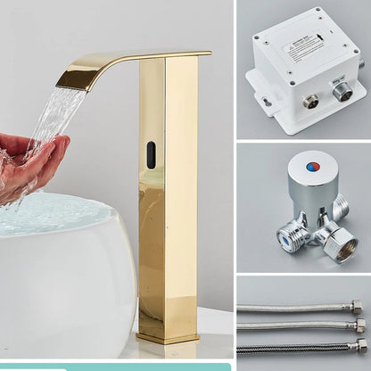 Rozin preto inteligente sensor torneira da bacia do banheiro touchless automático sentido misturador cachoeira água quente e fria lavatório guindaste