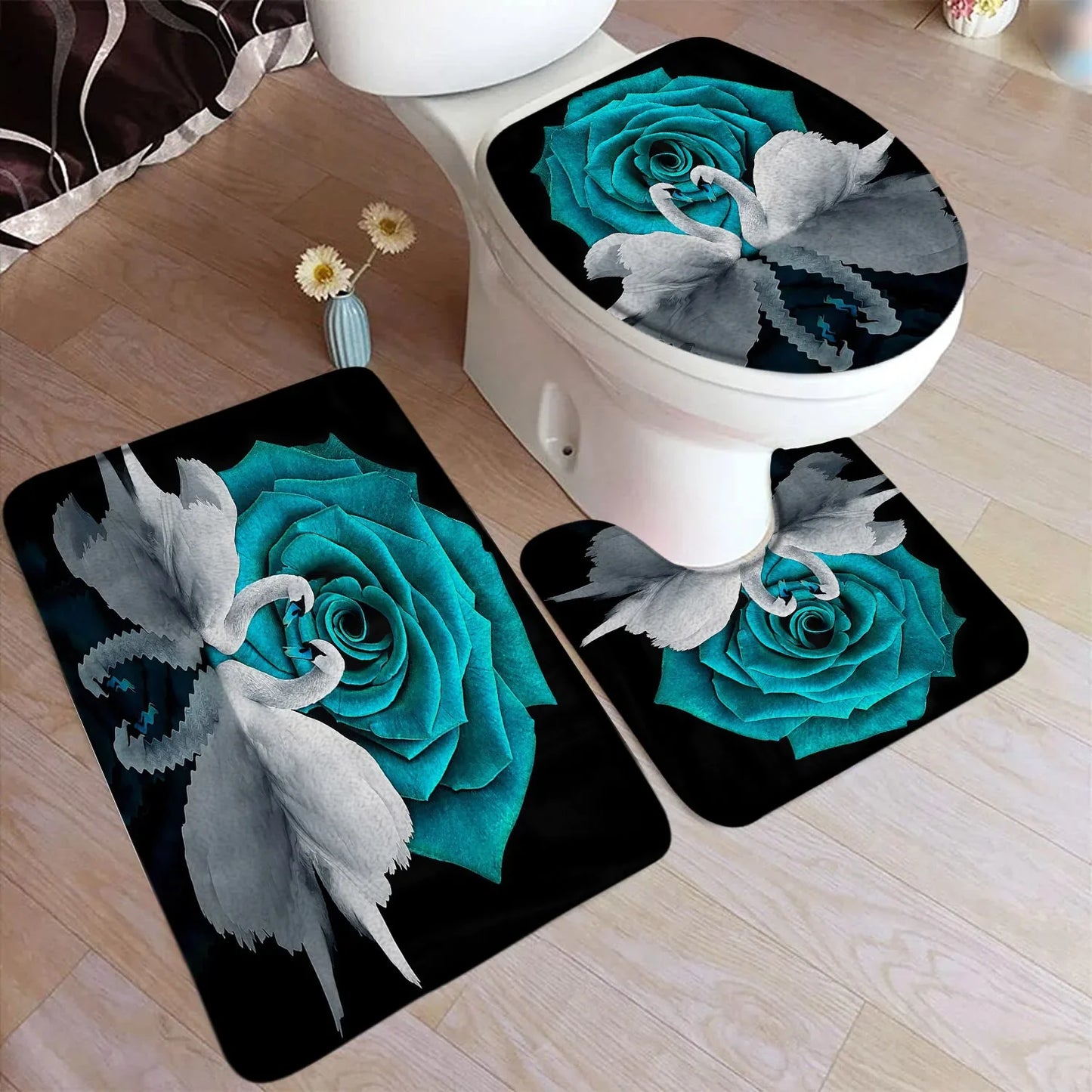 Floral branco cisne conjunto tapete de banho vermelho rosa flor animal reflexão água preto casa tapete decoração do banheiro tapetes capa toalete