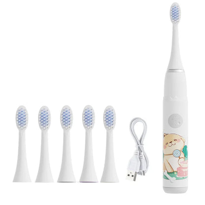 Crianças escova de dentes elétrica dos desenhos animados crianças com cabeça substituição ultra sônica ipx7 à prova dwaterproof água recarregável sonic escova