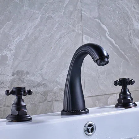 Antique Brass Classic Torneira De Pia De Banheiro, Double Cross Handle, 3 furos Banheiro, torneiras misturadoras, ouro, 3pcs